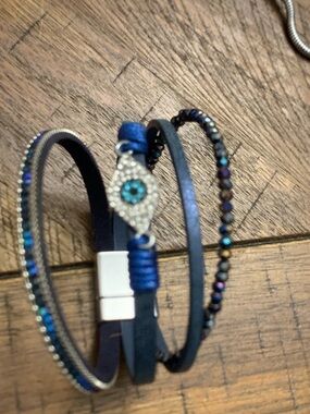 Blue Multi-Strand Beaded & Leather Magnetic Bracelet